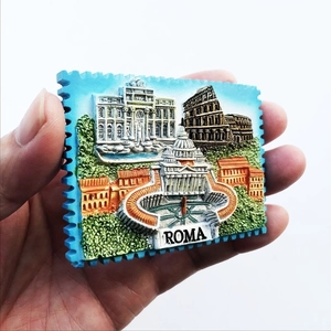 3D resin stamp-shaped Italy souvenir magnet featuring Rome landmarks like Colosseum