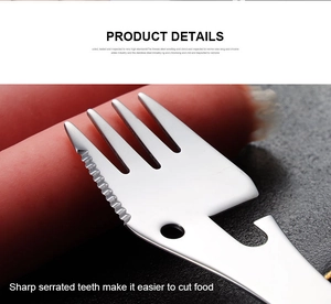 Macro shot of sharp serrated edge on multipurpose stainless steel camping utensil