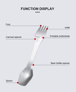 Detailed view of the 5-in-1 stainless steel camping utensil showing multi-tool functions