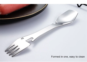 Macro view of one-piece stainless steel 5-in-1 multi-tool utensil with spoon and fork