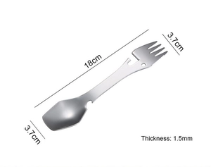 Detailed dimensions of 18cm stainless steel 5-in-1 camping spork with size markings