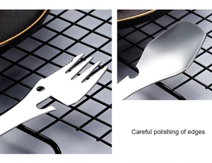 Detailed close-up of polished smooth edges on 5-in-1 stainless steel camping cutlery