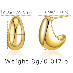 Detail view of 18K gold bean earrings with size labels and reflections on white
