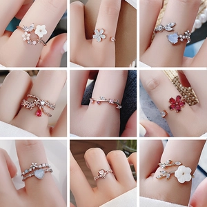 Flower Butterfly Heart Open Adjustable Ring Copper With Zircon And Shell Sweet Elegant Trendy Jewelry For Women