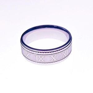 Macro shot of silver stainless steel band featuring engraved Roman numerals on the surface