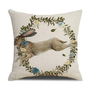 Easter rabbit pillow cover with watercolor floral wreath and bunny print on linen fabric