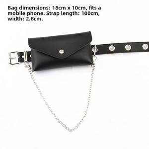 Black leather waist bag with punk chain belt, 18x10cm size, fits most smartphones