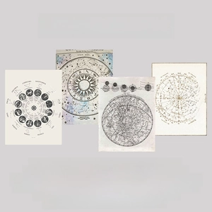 Artistic layout showing vintage constellation pendant designs and brand sketches on gray background