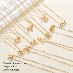 Polished 14K gold plated stainless steel zodiac pendant necklaces with 45cm chain