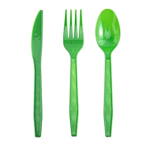 Three-piece disposable green plastic cutlery set with non-slip diamond textured handles