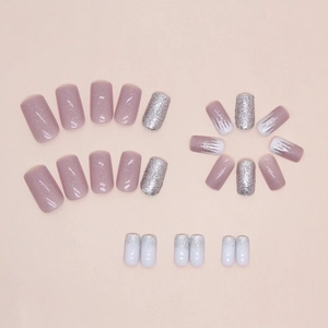 Square press-on nails set with pink-purple glitter and silver gradient designs