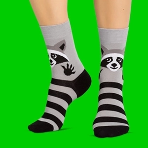 Gray cotton crew socks with raccoon pattern and black stripes on a green background