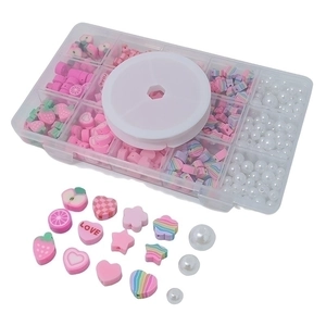 DIY colorful bead set with fruit and heart shapes in a transparent organizer box