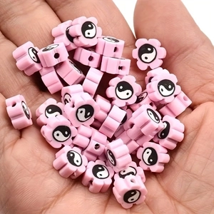 Pink flower polymer clay beads with Yin Yang pattern for DIY jewelry making