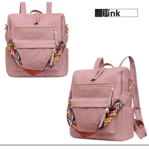 Sac à dos en cuir PU rose mat avec bandoulière tissée géométrique colorée de style ethnique