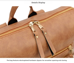 Détail du sac à dos en cuir marron avec doubles fermetures éclair dorées et coutures précises