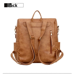 Vue arrière du sac à dos en cuir PU marron avec bretelles réglables et poche zippée