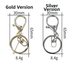 Detail of 30mm gold and silver lobster clasp keychains with dimensions and weight data