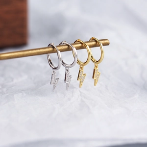 Elegant S925 sterling silver lightning bolt earrings with pavé stones in gold and silver