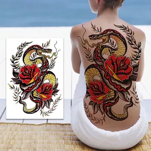 Detailed full back tattoo sticker featuring a red rose and snake design, style WH-012