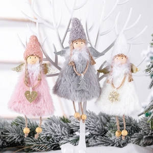 Christmas Angel Hanging Ornaments Plush Dolls With Knitted Hat And Wood Beads For Home Tree Decoration