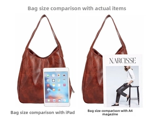 Size comparison of the brown leather tote bag with an iPad and A4 magazine