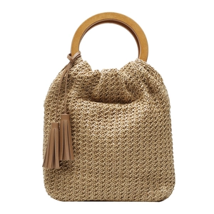 Summer woven straw handbag with brown wooden ring handles and leather tassel detail