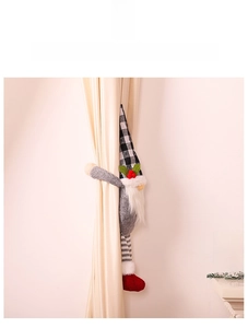Christmas gnome curtain tieback with plaid hat and red legs on beige curtains