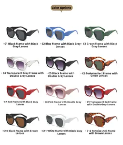 Grid display of square oversized sunglasses showing 12 different colorful frame and lens options