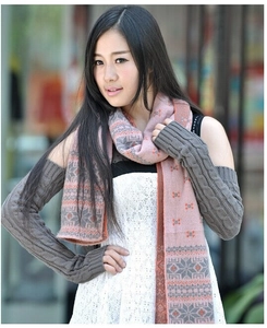 Detail of pink and grey snowflake pattern knit scarf and matching cable knit arm warmers