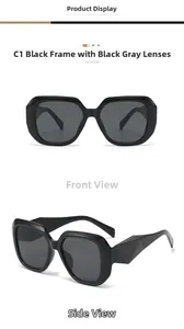 Detailed macro view of square plastic sunglasses featuring geometric faceted temples and black frames