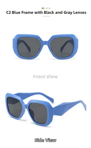 Detail view of bold blue square sunglasses with thick frames and grey lenses