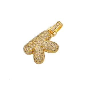 Macro shot of gold bubble letter R pendant with paved rhinestones and shiny finish