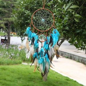 Retro Tree of Life Dreamcatcher with colorful feathers hanging in a natural outdoor setting