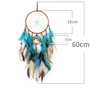 Detailed dreamcatcher dimensions showing 16cm and 7cm rings with tree of life and feathers