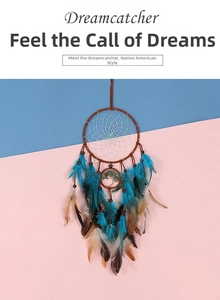 Detailed view of handmade dream catcher with Tree of Life and natural blue feathers