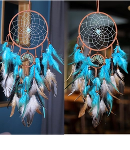 Detail of tree of life dreamcatcher with blue and brown feathers and wooden beads