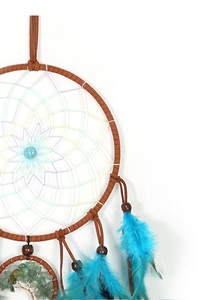 Macro detail of dream catcher with turquoise beads, feathers and tree of life pattern