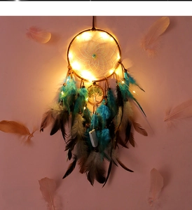 Detail of life tree dream catcher with LED lights and colorful hanging feathers
