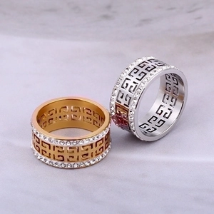 Gold and silver Greek key titanium steel rings with double row crystal pavé setting
