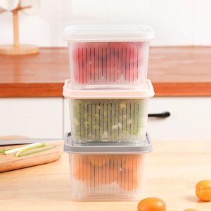Set of 3 stackable fridge storage boxes with drain baskets for fruits and vegetables