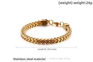 Detail of 6mm golden stainless steel wheat chain bracelet showing 220mm length and 24g weight