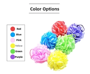 Close-up of soft mesh shower sponges in six vibrant colors with matching hanging loops