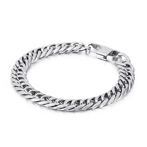 Men's silver stainless steel Cuban curb chain bracelet with square clasp on white background