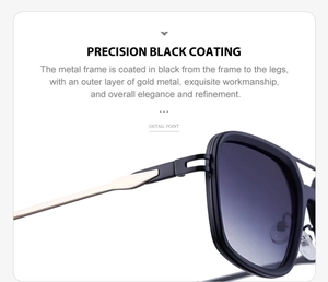 Precision black coating detail on metal frame with gold hinge and temple accents