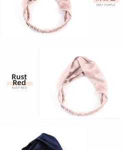 Detailed view of elastic 19mm silk headbands in grey purple and rust red tones