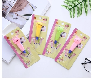 Detailed view of 5-in-1 cartoon LED earwax removal tool set with animal handles