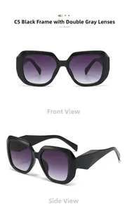 Front and side view of oversized black square sunglasses with gradient purple lenses