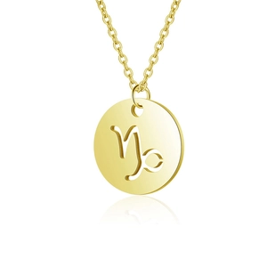 Macro shot of gold stainless steel Capricorn zodiac necklace with hollow circular pendant