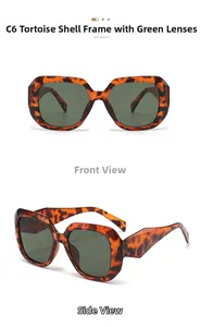 Detailed views of tortoise shell square sunglasses with green lenses from front and side